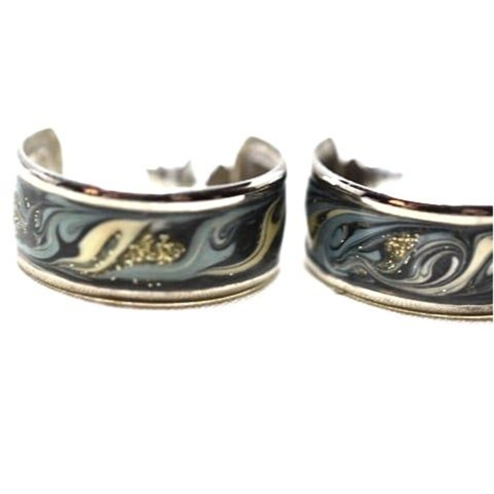 Silver Sparkle Blue Swirl Vintage Enamel Inlay Silver Tone Post Cottage Earrings